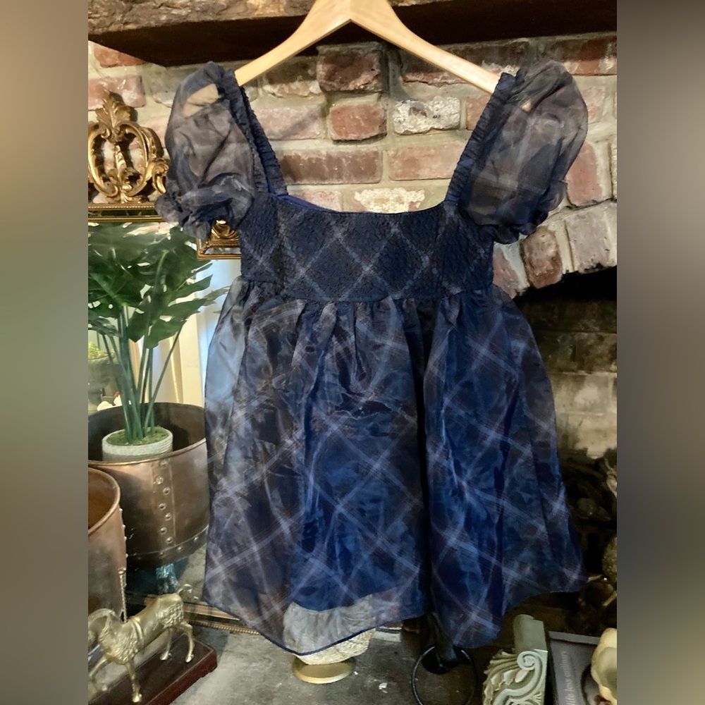 🆕 NWT WeWoreWhat Navy Sheer Puff-Sleeve Organza Smocked Baby Doll Mini Dress - Picture 6 of 15